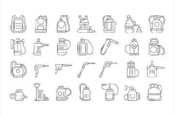 Line art sprayer and pump icon set for cleaning, sanitation and chemical use
