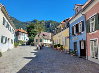 town Frohnleiten. Colored houses under blue sky. Austria