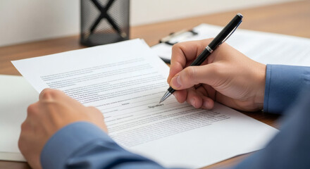 Signing Important Documents with a Refined Pen on a Wooden Desk Surface, Capturing Professionalism and Agreement, Ideal for Business and Legal Themes