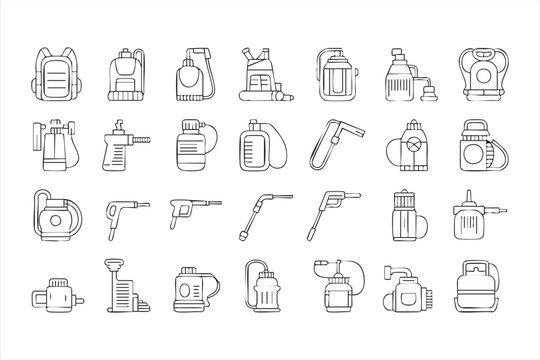 Line art sprayer and pump icon set for cleaning, sanitation and chemical use