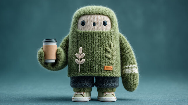 stuffed toy holding cup of coffee, gray and teal color palette, soft textures, warm lighting, cozy atmosphere, suitable for children's room decor, coffee shop branding, lifestyle blog visuals