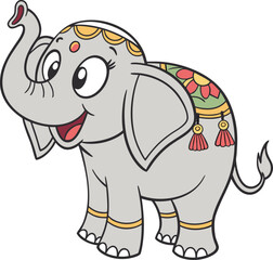 Cartoon elephant wearing traditional indian decoration, isolated on white background