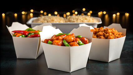 Delicious asian takeout food in white paper boxes with bokeh lights in background