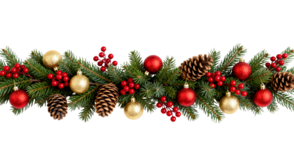 Decorative holiday garland with pine cones, red and gold ornaments, and bright red berries for festive decor