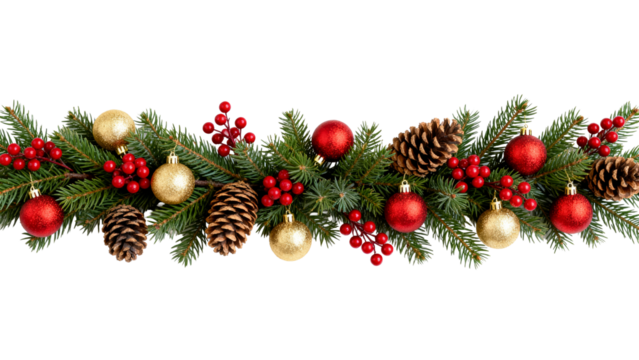 Decorative holiday garland with pine cones, red and gold ornaments, and bright red berries for festive decor