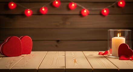 Cozy rustic Valentine's Day background with lit candle, red accents, and wooden wall, offering copy space.