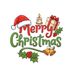 Cute vector illustration of "merry christmas" text with a santa hat, candle, and holly on a white background with copy space. Cheerful christmas celebration concept
