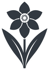 Stylized dark gray daffodil flower icon with two leaves