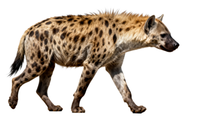 Hyena walking in a natural setting with distinctive spots and agile posture during bright daylight hours