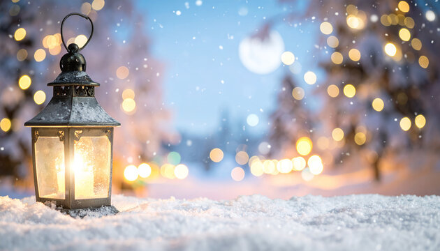 Enchanting winter wonderland scene featuring a glowing lantern in the snow, perfect for festive holiday greetings and seasonal promotions, radiating warmth and cheer