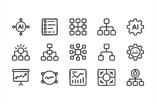 AI network and data structure icon set for machine learning and digital systems