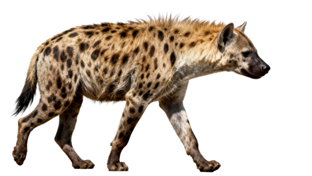 Hyena walking in a natural setting with distinctive spots and agile posture during bright daylight hours