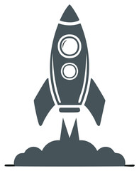 Stylized space rocket taking off with exhaust smoke graphic illustration
