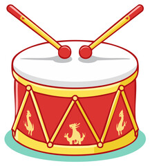 Vibrant Red Cartoon Drum with Golden Dragon Motifs and Drumsticks, Cultural Music Celebration Element
