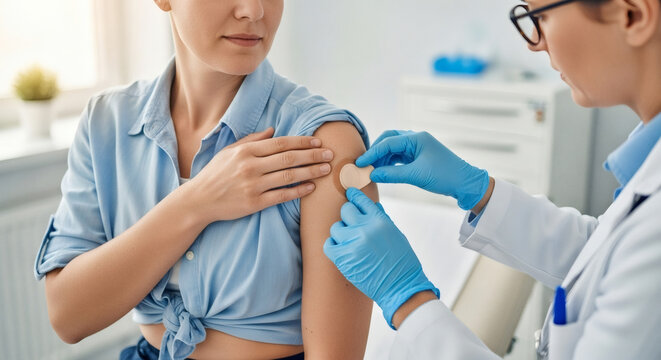 Calm woman getting vaccine with gentle care, protected by medical science, feeling optimistic about health and wellness during doctor visit for immunization
