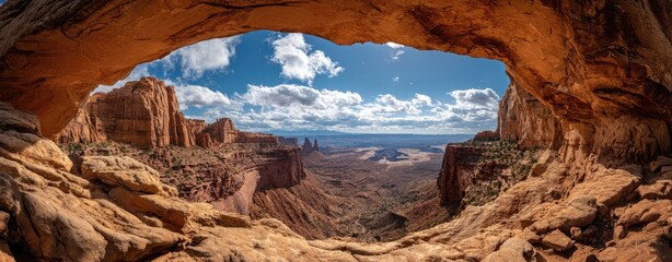 A panorama of a desert canyon framed by an arch of reddish-brown stone with a sunny sky
