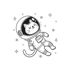 Cute cartoon cat astronaut floating in space with stars