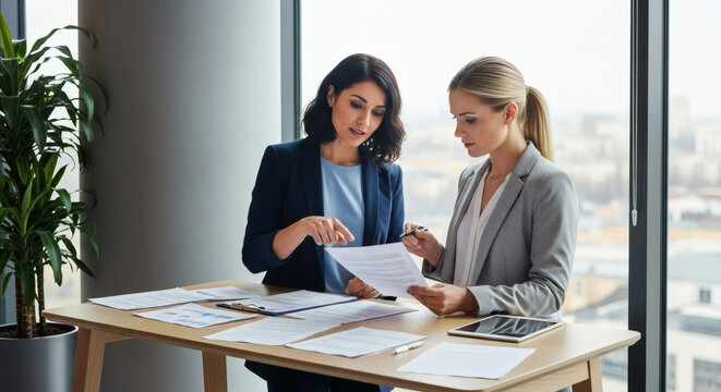 Two confident businesswomen reviewing project documents in modern office, collaborating on strategic planning for success and growth, teamwork in action - Powered by Adobe