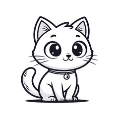 Adorable cartoon white kitten with big eyes wearing a collar