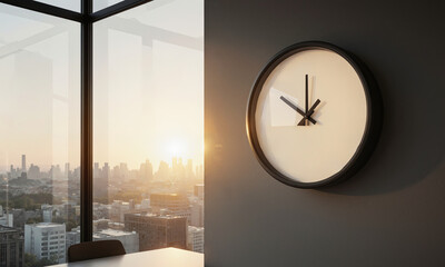 Studio Clock Time Wall clock showing golden hour, empty studio with temporal marker, time keeping in creative space, the schedule