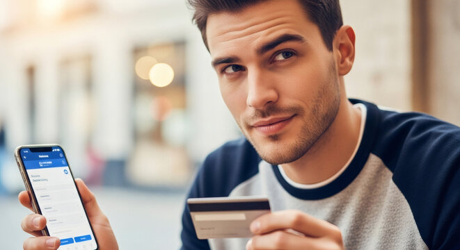 Confident young man easily managing finances and payments online, experiencing seamless banking and modern digital lifestyle with mobile app