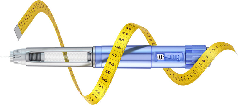 Semaglutide Ozempic injection syringe wrapped with measuring tape. Medical injection for weight loss. Healthy lifestyle, body transformation, diabetic care, obesity treatment, blood sugar control PNG