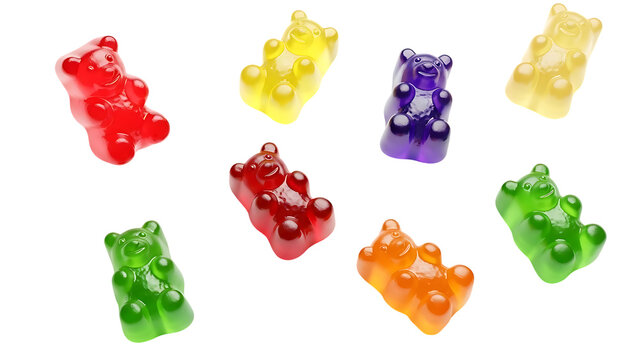 Assorted Gummy Bears in Vibrant Colors on Black Background Keywords: gummy bears, candy, sweets