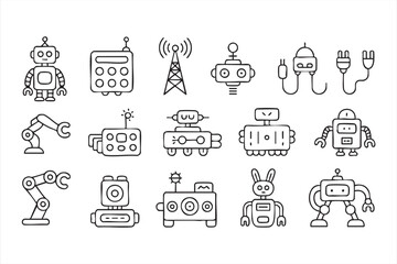 Line art robot and automation icon set for AI and smart technology themes