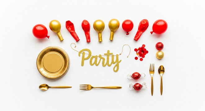 Let's party with festive red and gold balloons, gold plates, and shiny confetti for birthdays, celebrations, and joyful gatherings