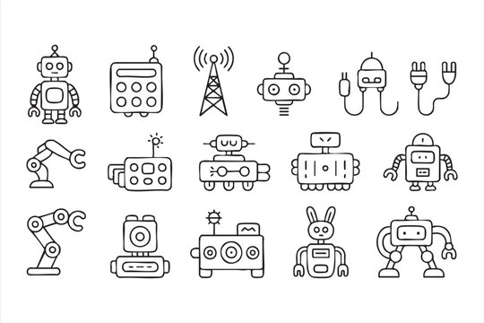 Line art robot and automation icon set for AI and smart technology themes