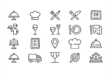 Line art restaurant and dining icon set for food service and hospitality branding