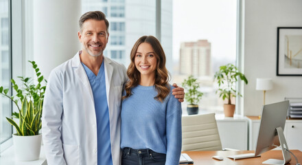 Caring doctor smiling with happy patient in modern office, building trust and health, promoting wellness and positive healthcare experiences today