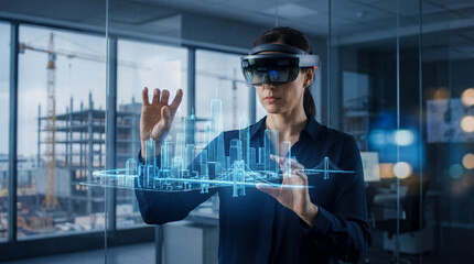 Architect wearing mixed reality headset creating urban plan