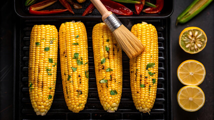 Close up of grilled corn on the cob being brushed with herbs and spices on a barbecue grill