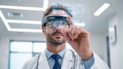 A man wearing a white lab coat and glasses is using a virtual reality headset to point at something on a screen - Powered by Adobe