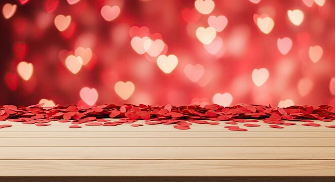 Product display mockup on a light wood surface with vibrant red Valentine's Day hearts and soft, festive lighting.