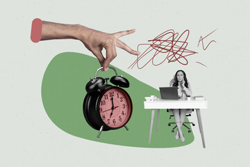 Trendy poster art collage of minded businesswoman businessman stand workplace hand hold alarm clock...