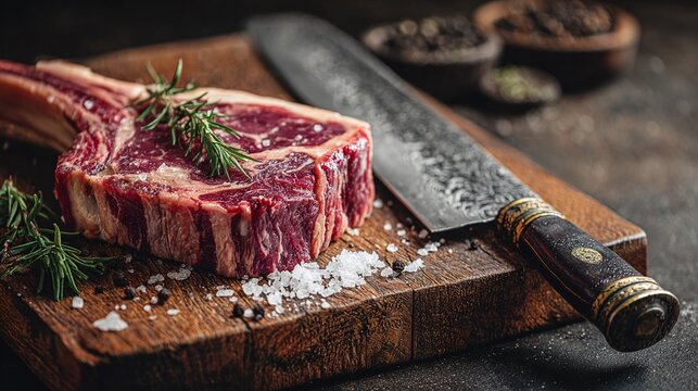Tomahawk steak with salt and rosemary on a wooden board next to a knife. This exquisite culinary masterpiece promises a symphony of flavors for the discerning palate.