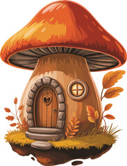 Cute cartoon mushroom house, fantasy fairy home illustration, whimsical nature cottage, magical children artwork, playful fairytale forest dwelling