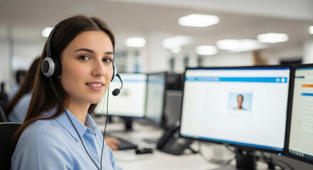 Friendly customer support agent providing solutions in a modern call center, ready to assist and resolve issues with a smile, offering exceptional service