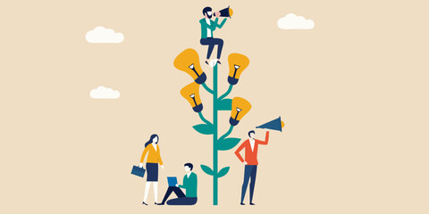 Business team growing ideas like a plant with lightbulbs