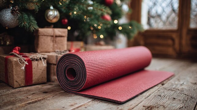 Holiday fitness: Red yoga mat unrolled on rustic wooden floor near Christmas tree and gifts. A cozy and festive reminder to prioritize wellness and balance during the holidays.