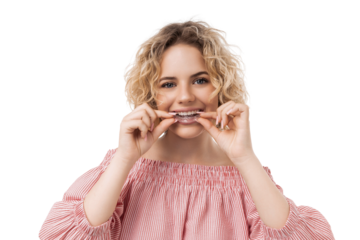 Woman is applying clear aligners to straighten teeth, isolated, PNG