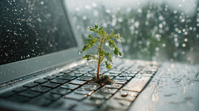 Small green plant growing from laptop keyboard under raindrops symbolizing technology and nature harmony