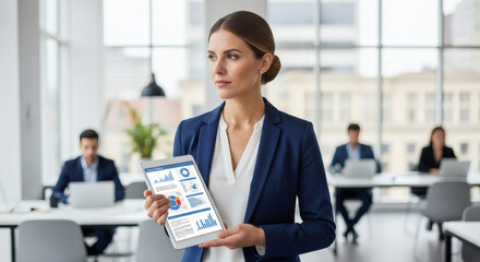 Confident businesswoman presenting financial data on tablet, driving business growth and success, empowering leadership in modern office environment, charts