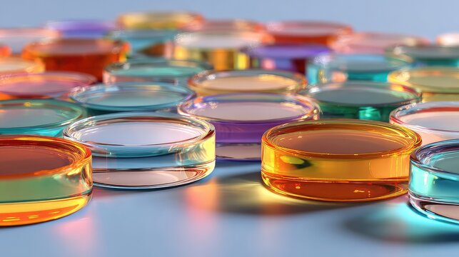 Vibrant collection of colorful liquids in glass petri dishes for science, chemistry, or creative concepts with stunning light play and mesmerizing reflections for your next design