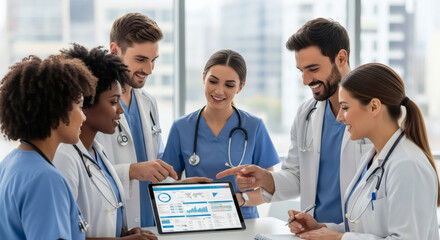 Fototapeta premium Team of happy medical professionals collaborate using data analytics on a tablet, driving innovation and better patient care in a modern hospital setting