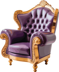 Luxurious royal armchair, purple leather throne chair with golden carved details, elegant vintage furniture, classic interior luxury seat