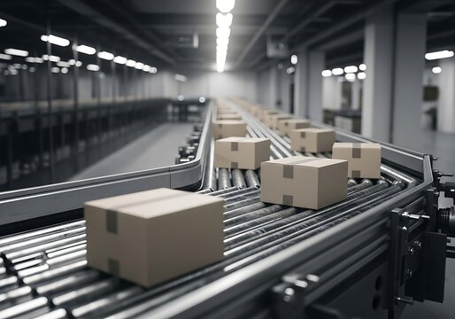 Streamlined shipping boxes moving along a conveyor belt in a modern warehouse conveys efficiency and speedy delivery for e-commerce and logistics businesses
