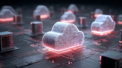 Modern cloud computing infrastructure with glowing server racks and futuristic data flow represents scalable IT solutions and advanced digital transformation